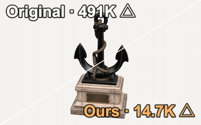 Original 490,931-triangle model vs. our 14,728-triangle LOD, diagonal split, orbiting camera